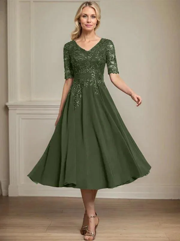 A-line V-Neck Tea-Length Lace Chiffon Mother of the Bride Dress With Sequins - Image 31
