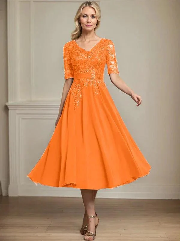 A-line V-Neck Tea-Length Lace Chiffon Mother of the Bride Dress With Sequins - Image 32