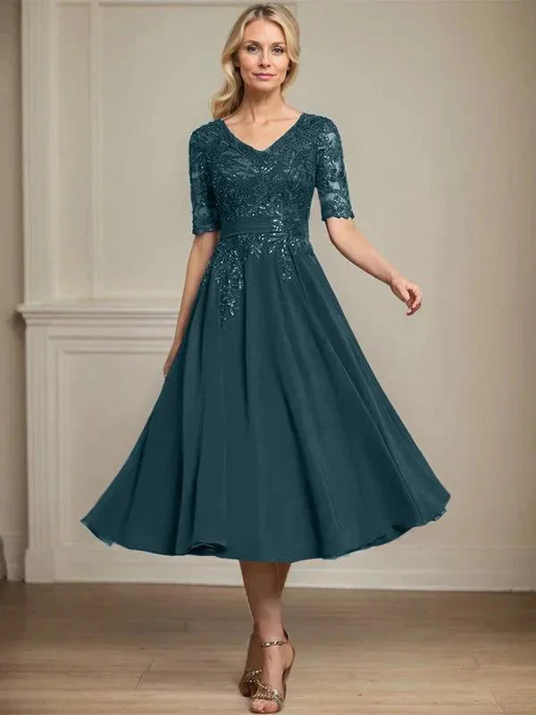 A-line V-Neck Tea-Length Lace Chiffon Mother of the Bride Dress With Sequins - Image 33
