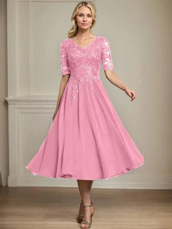 A-line V-Neck Tea-Length Lace Chiffon Mother of the Bride Dress With Sequins - Image 34