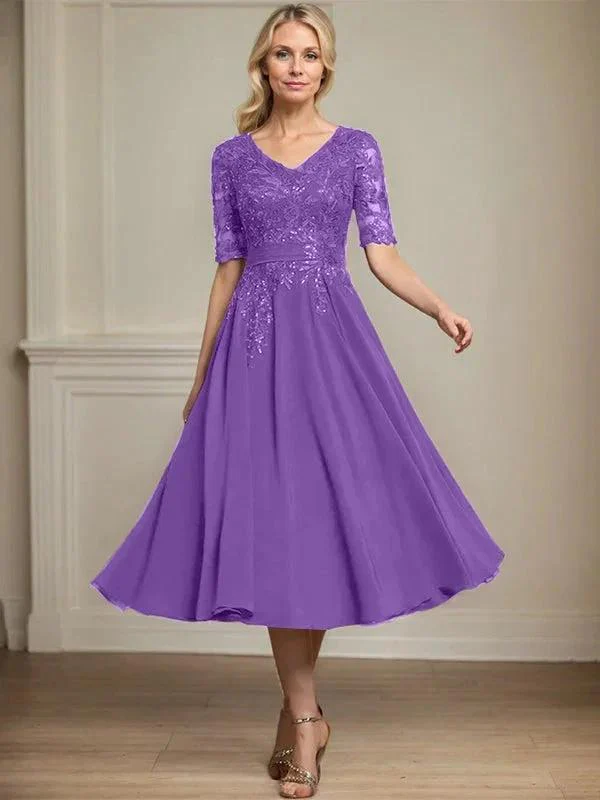 A-line V-Neck Tea-Length Lace Chiffon Mother of the Bride Dress With Sequins - Image 35