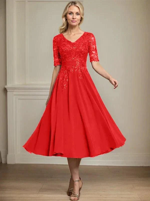 A-line V-Neck Tea-Length Lace Chiffon Mother of the Bride Dress With Sequins - Image 36