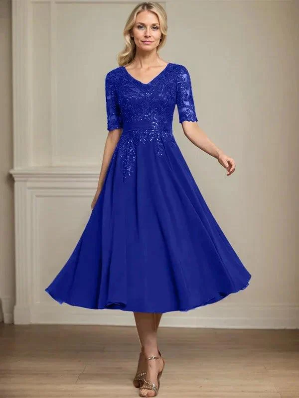 A-line V-Neck Tea-Length Lace Chiffon Mother of the Bride Dress With Sequins - Image 37