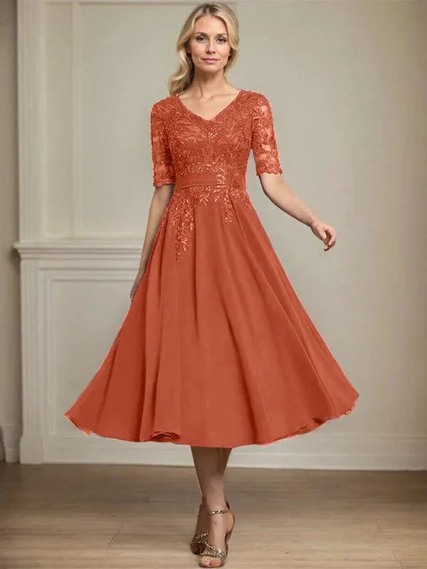 A-line V-Neck Tea-Length Lace Chiffon Mother of the Bride Dress With Sequins - Image 38