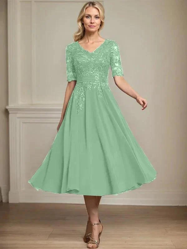 A-line V-Neck Tea-Length Lace Chiffon Mother of the Bride Dress With Sequins - Image 39