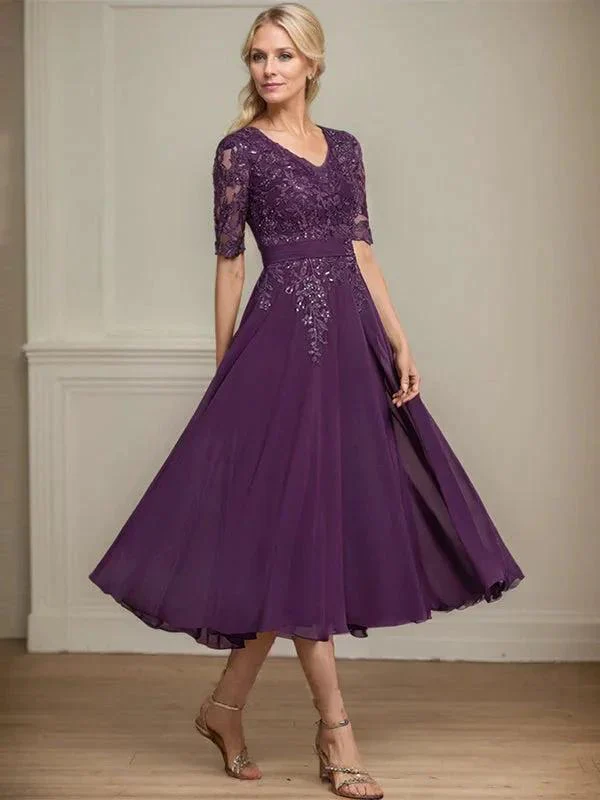 A-line V-Neck Tea-Length Lace Chiffon Mother of the Bride Dress With Sequins - Image 4