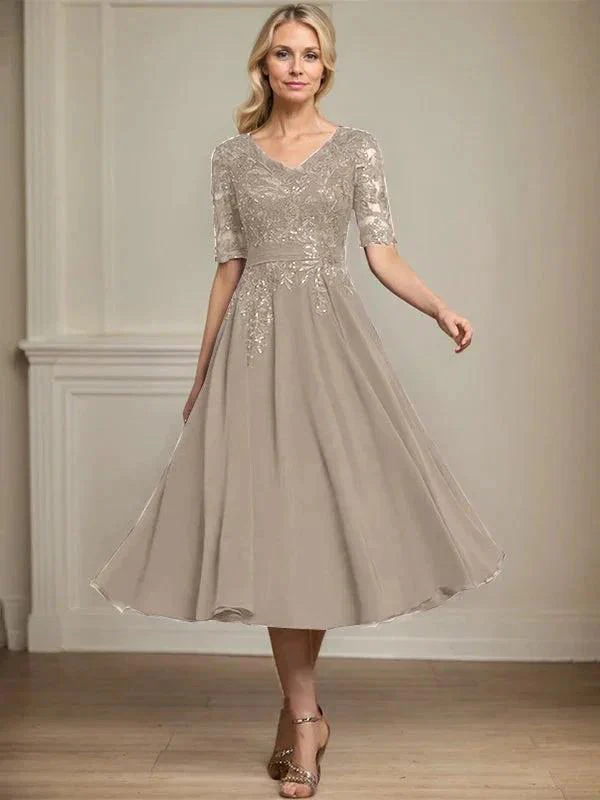 A-line V-Neck Tea-Length Lace Chiffon Mother of the Bride Dress With Sequins - Image 40