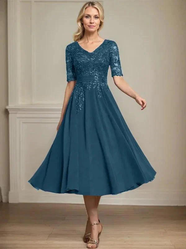 A-line V-Neck Tea-Length Lace Chiffon Mother of the Bride Dress With Sequins - Image 41