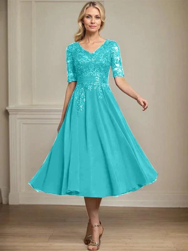 A-line V-Neck Tea-Length Lace Chiffon Mother of the Bride Dress With Sequins - Image 42