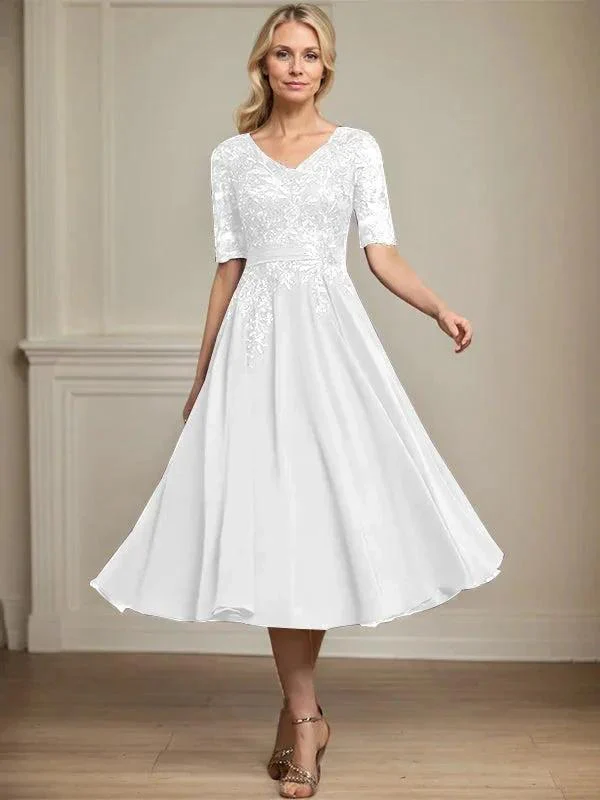 A-line V-Neck Tea-Length Lace Chiffon Mother of the Bride Dress With Sequins - Image 43