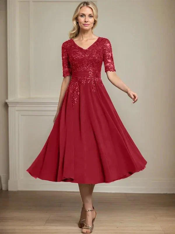 A-line V-Neck Tea-Length Lace Chiffon Mother of the Bride Dress With Sequins - Image 44