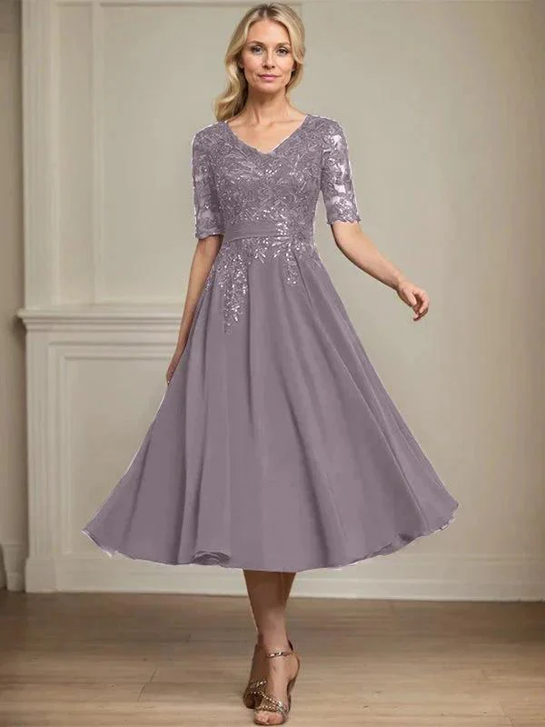 A-line V-Neck Tea-Length Lace Chiffon Mother of the Bride Dress With Sequins - Image 45