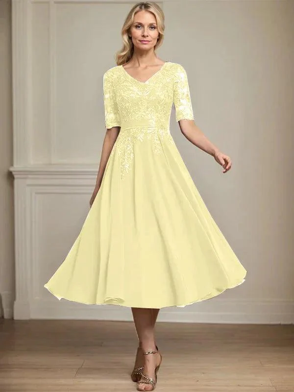 A-line V-Neck Tea-Length Lace Chiffon Mother of the Bride Dress With Sequins - Image 46