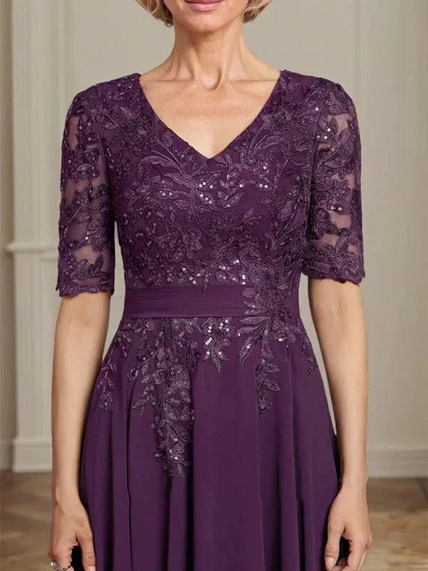 A-line V-Neck Tea-Length Lace Chiffon Mother of the Bride Dress With Sequins - Image 5