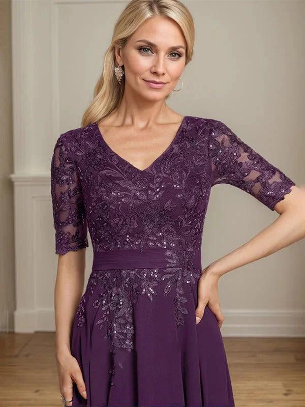 A-line V-Neck Tea-Length Lace Chiffon Mother of the Bride Dress With Sequins - Image 6