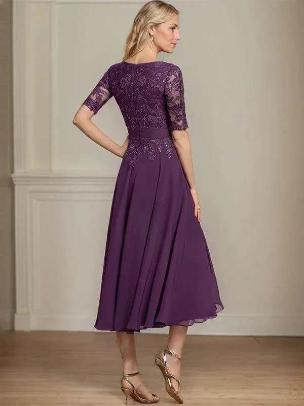 A-line V-Neck Tea-Length Lace Chiffon Mother of the Bride Dress With Sequins - Image 7