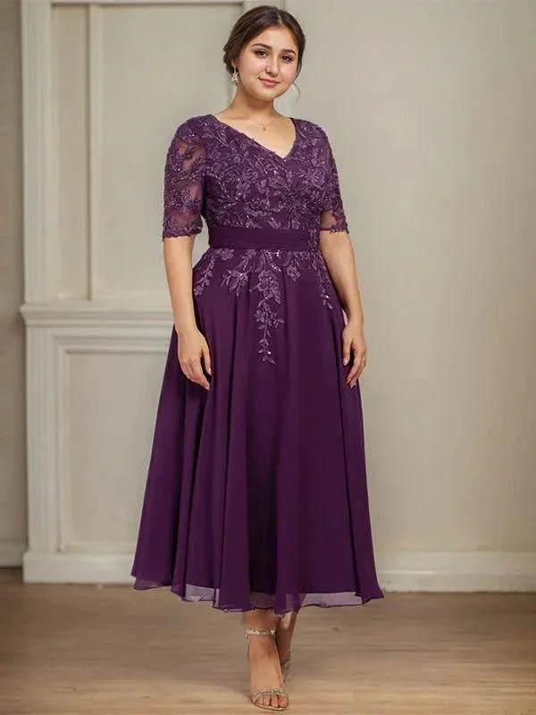 A-line V-Neck Tea-Length Lace Chiffon Mother of the Bride Dress With Sequins - Image 8