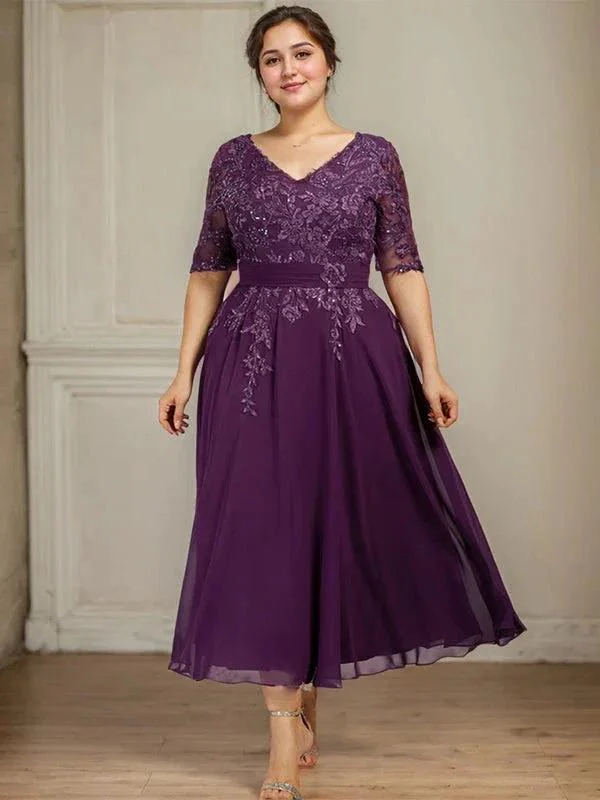A-line V-Neck Tea-Length Lace Chiffon Mother of the Bride Dress With Sequins - Image 9