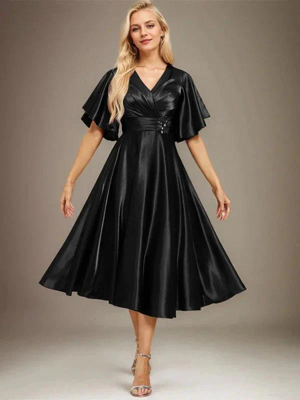 A-line V-Neck Tea-Length Stretch Satin Mother of the Bride Dress With Beading Pleated - Image 10
