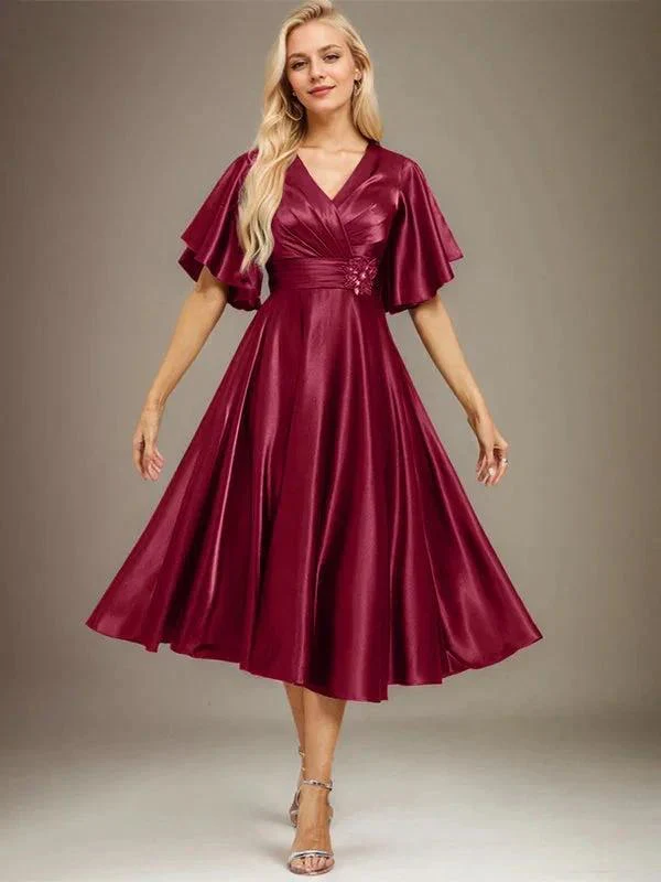 A-line V-Neck Tea-Length Stretch Satin Mother of the Bride Dress With Beading Pleated - Image 12