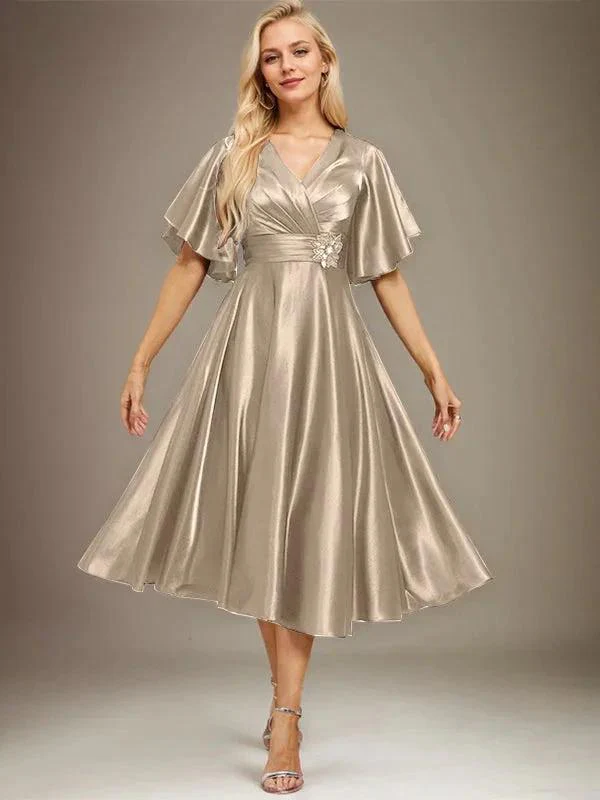 A-line V-Neck Tea-Length Stretch Satin Mother of the Bride Dress With Beading Pleated - Image 13
