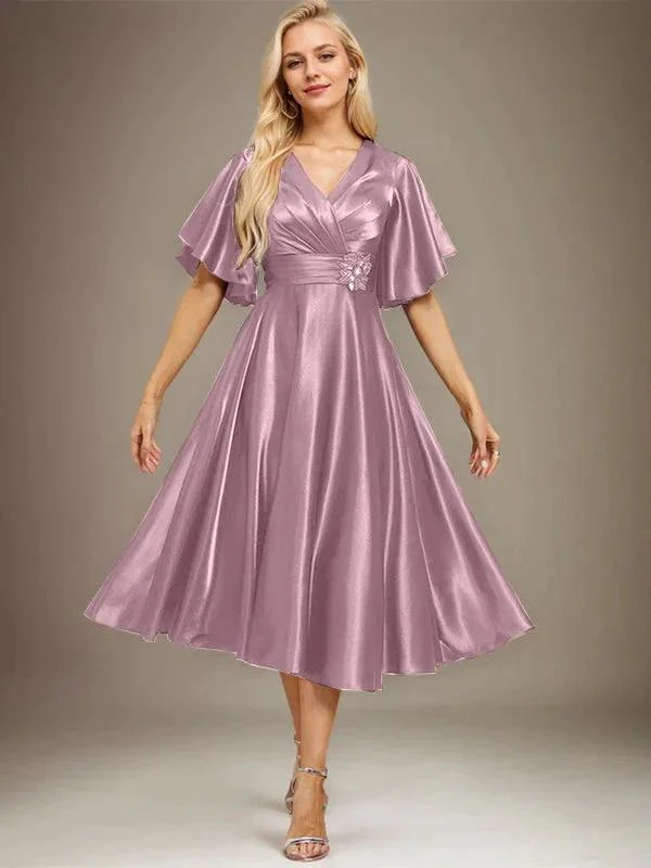 A-line V-Neck Tea-Length Stretch Satin Mother of the Bride Dress With Beading Pleated - Image 14