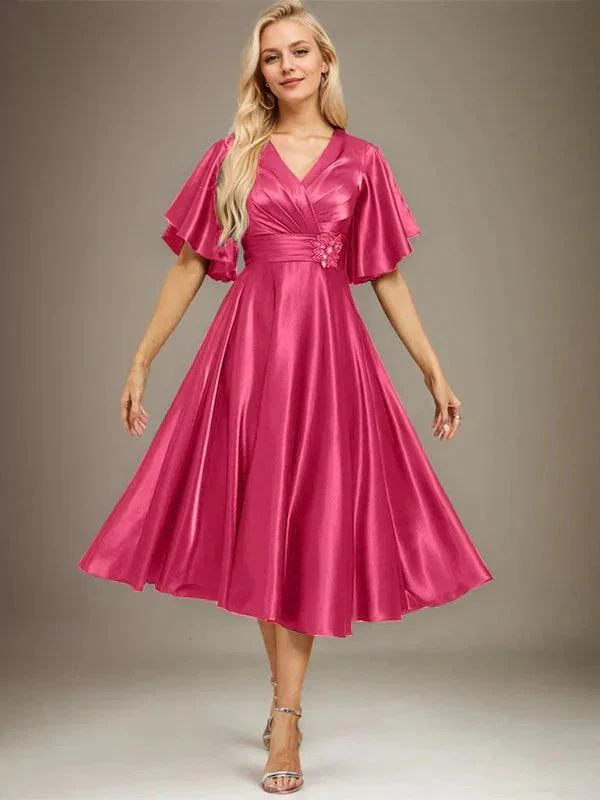 A-line V-Neck Tea-Length Stretch Satin Mother of the Bride Dress With Beading Pleated - Image 15