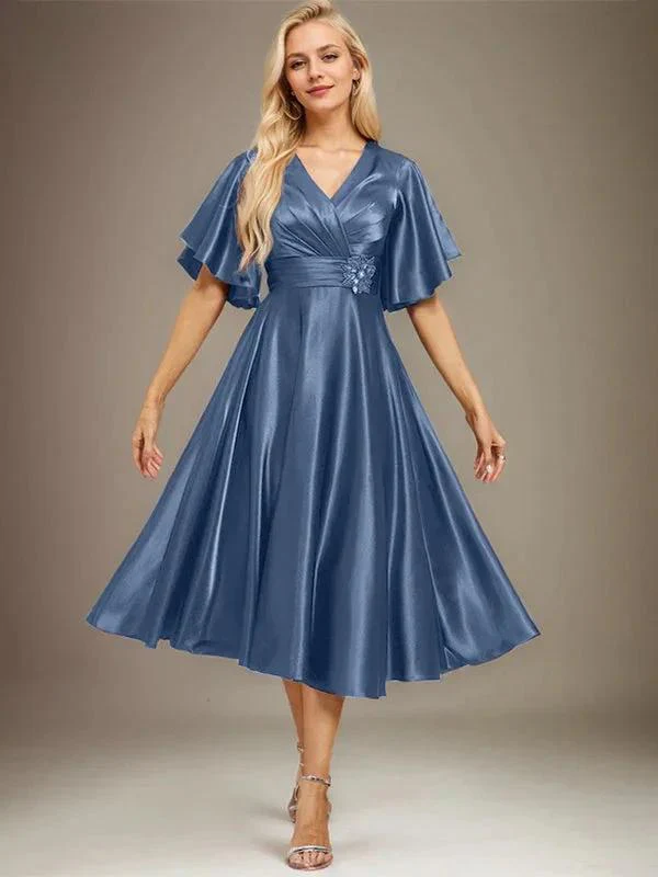 A-line V-Neck Tea-Length Stretch Satin Mother of the Bride Dress With Beading Pleated - Image 16