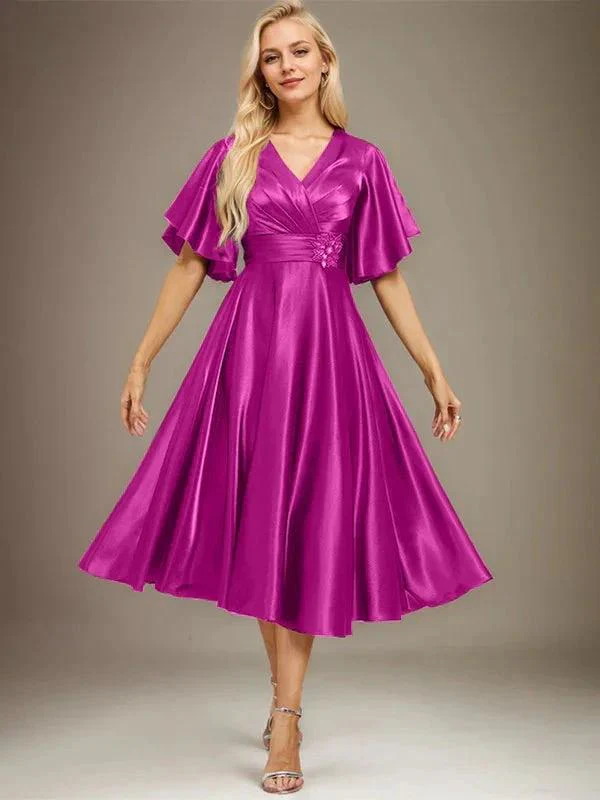 A-line V-Neck Tea-Length Stretch Satin Mother of the Bride Dress With Beading Pleated - Image 17