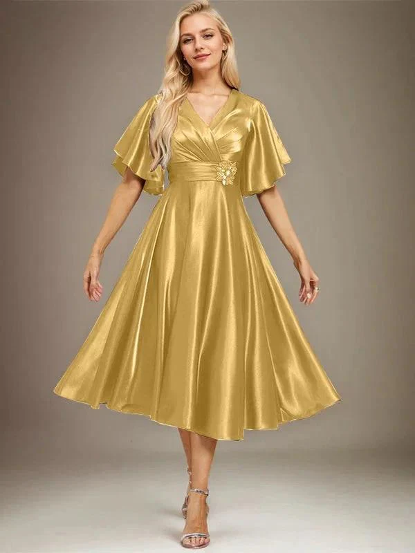 A-line V-Neck Tea-Length Stretch Satin Mother of the Bride Dress With Beading Pleated - Image 18