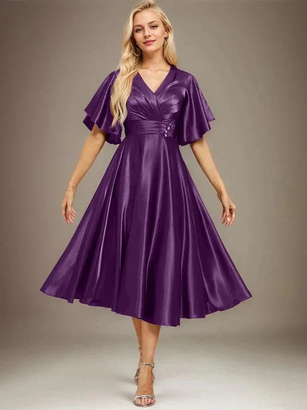A-line V-Neck Tea-Length Stretch Satin Mother of the Bride Dress With Beading Pleated - Image 19