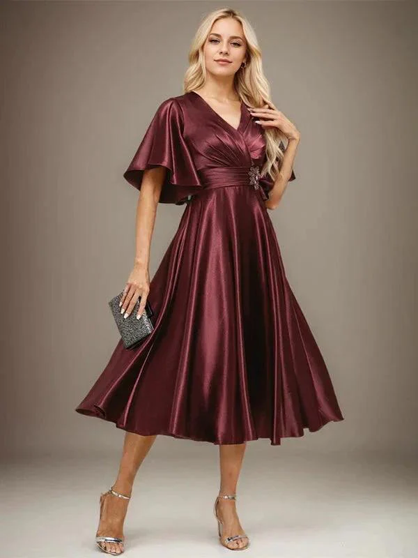 A-line V-Neck Tea-Length Stretch Satin Mother of the Bride Dress With Beading Pleated - Image 2