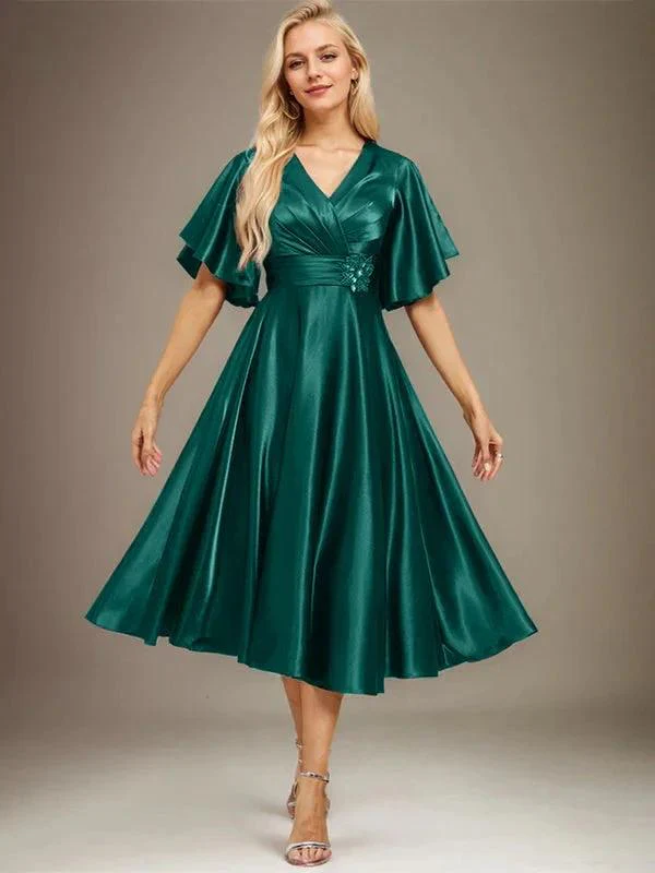A-line V-Neck Tea-Length Stretch Satin Mother of the Bride Dress With Beading Pleated - Image 20