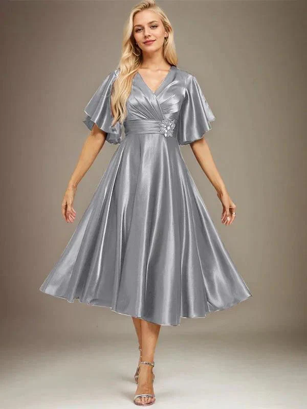 A-line V-Neck Tea-Length Stretch Satin Mother of the Bride Dress With Beading Pleated - Image 21