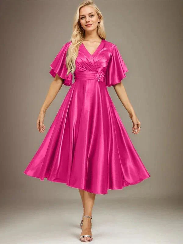 A-line V-Neck Tea-Length Stretch Satin Mother of the Bride Dress With Beading Pleated - Image 22