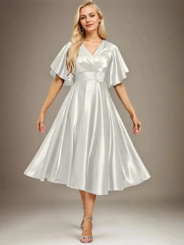 A-line V-Neck Tea-Length Stretch Satin Mother of the Bride Dress With Beading Pleated - Image 23