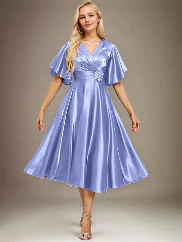 A-line V-Neck Tea-Length Stretch Satin Mother of the Bride Dress With Beading Pleated - Image 24