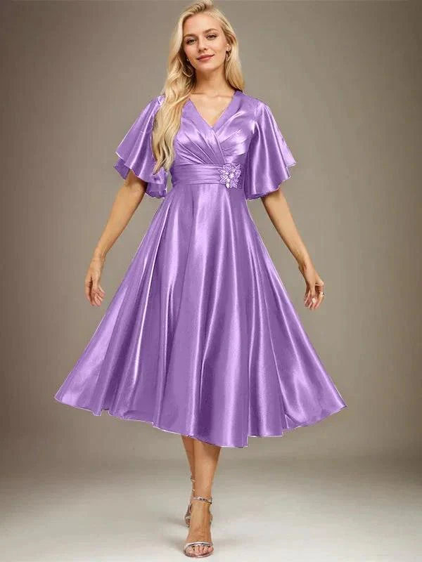 A-line V-Neck Tea-Length Stretch Satin Mother of the Bride Dress With Beading Pleated - Image 25