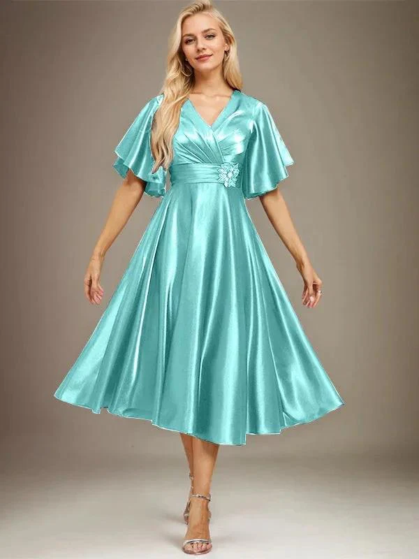 A-line V-Neck Tea-Length Stretch Satin Mother of the Bride Dress With Beading Pleated - Image 26