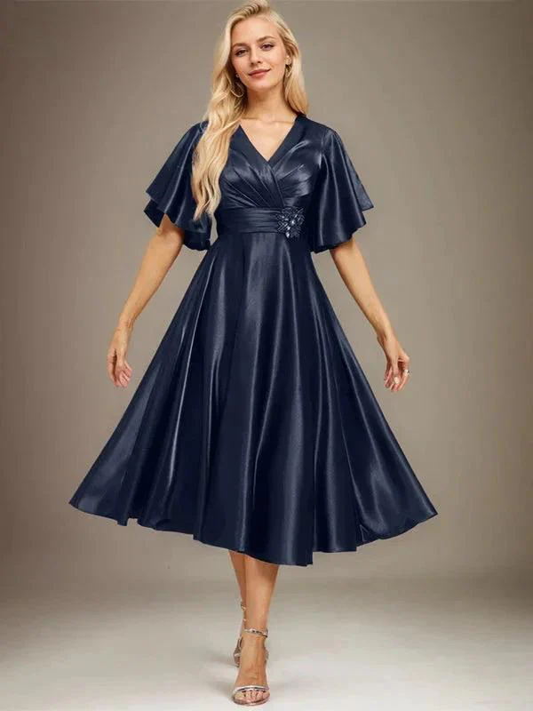 A-line V-Neck Tea-Length Stretch Satin Mother of the Bride Dress With Beading Pleated - Image 27