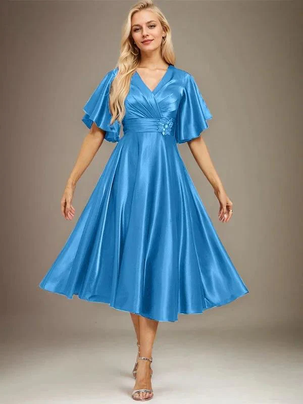 A-line V-Neck Tea-Length Stretch Satin Mother of the Bride Dress With Beading Pleated - Image 28