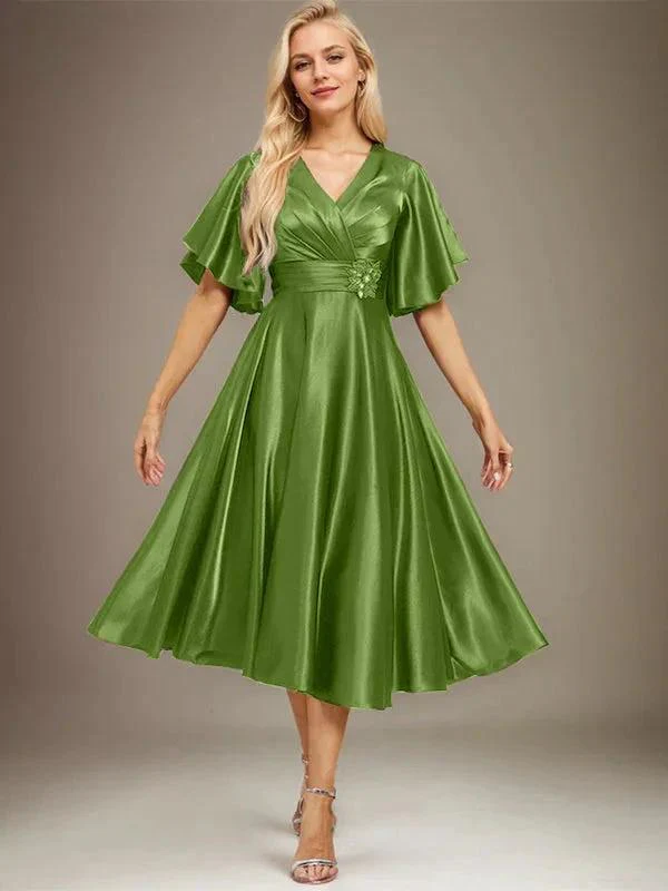 A-line V-Neck Tea-Length Stretch Satin Mother of the Bride Dress With Beading Pleated - Image 29