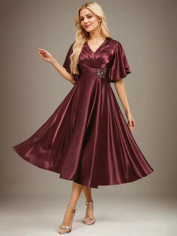A-line V-Neck Tea-Length Stretch Satin Mother of the Bride Dress With Beading Pleated - Image 3