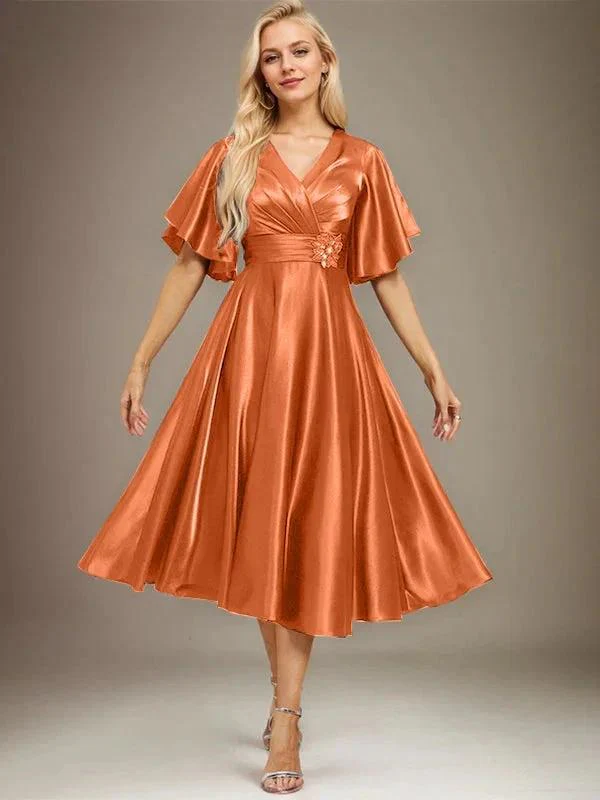 A-line V-Neck Tea-Length Stretch Satin Mother of the Bride Dress With Beading Pleated - Image 30