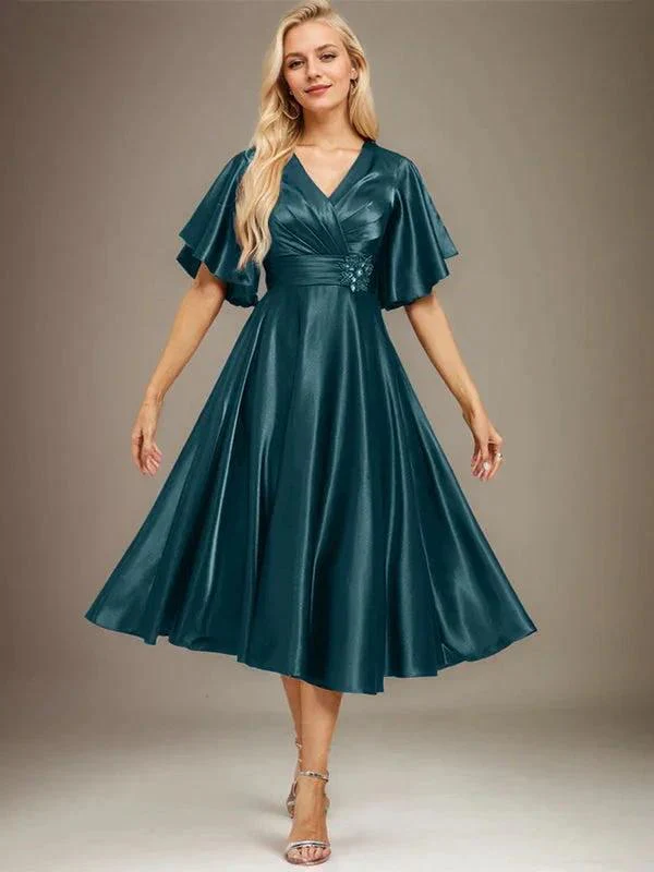 A-line V-Neck Tea-Length Stretch Satin Mother of the Bride Dress With Beading Pleated - Image 31