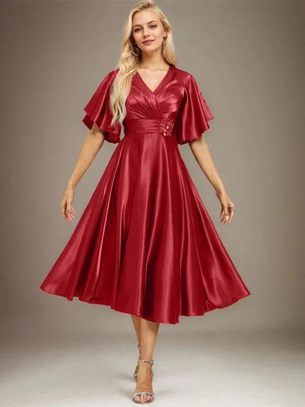 A-line V-Neck Tea-Length Stretch Satin Mother of the Bride Dress With Beading Pleated - Image 32