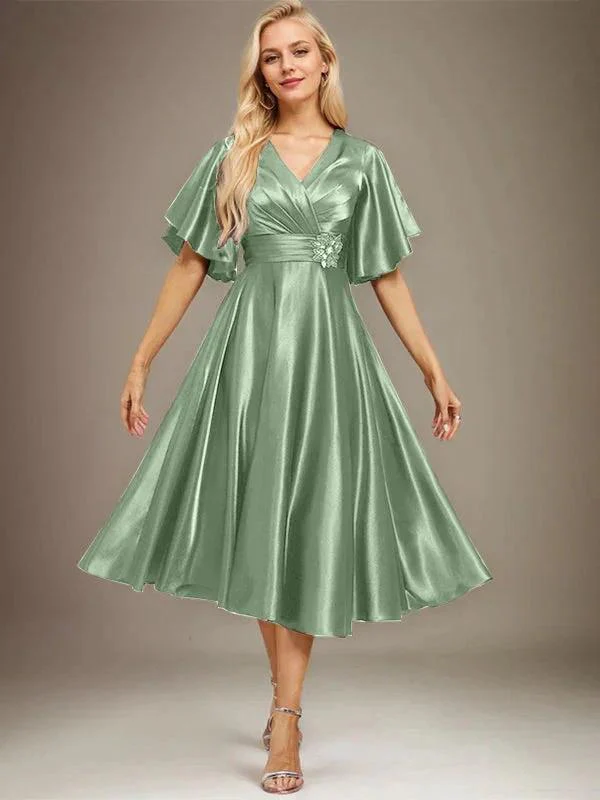 A-line V-Neck Tea-Length Stretch Satin Mother of the Bride Dress With Beading Pleated - Image 34