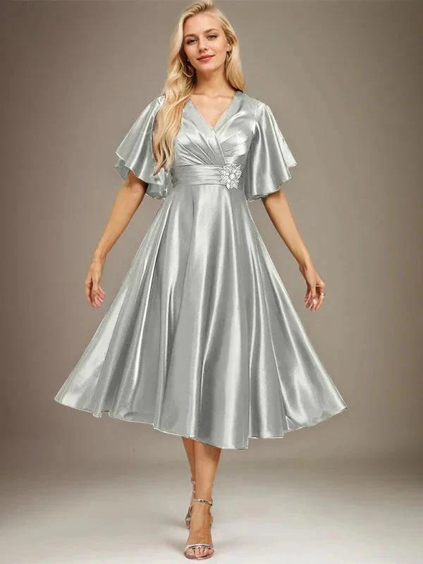 A-line V-Neck Tea-Length Stretch Satin Mother of the Bride Dress With Beading Pleated - Image 35