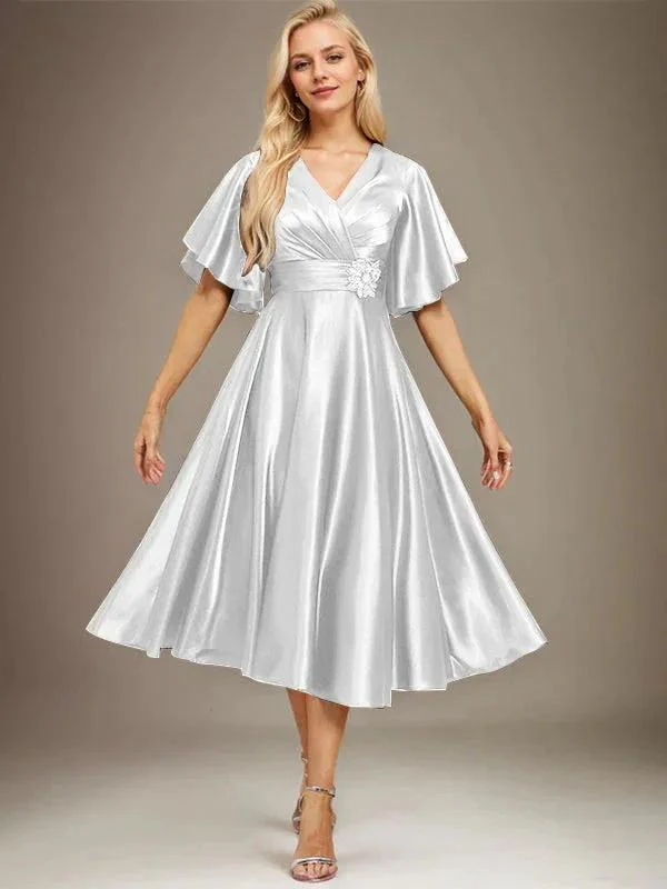 A-line V-Neck Tea-Length Stretch Satin Mother of the Bride Dress With Beading Pleated - Image 36
