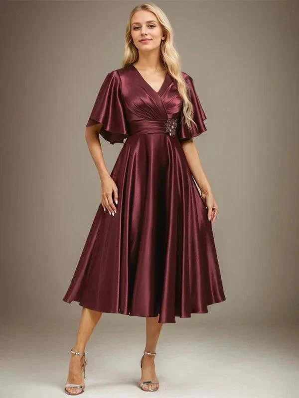 A-line V-Neck Tea-Length Stretch Satin Mother of the Bride Dress With Beading Pleated - Image 4